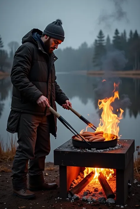 there is a man that is standing next to a stove, a picture by Aleksander Gierymski, tumblr, hurufiyya, very very low quality picture, very tasty, nikolay, michal, cooking it up, 1614572159, boiling, artem, with fire, with some sausages on the fire