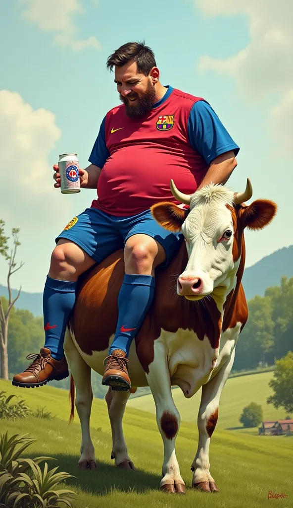 Leonel Messi fat with his belly out dressed in Barcelona uniform drawing milk from a cow in the saddle 