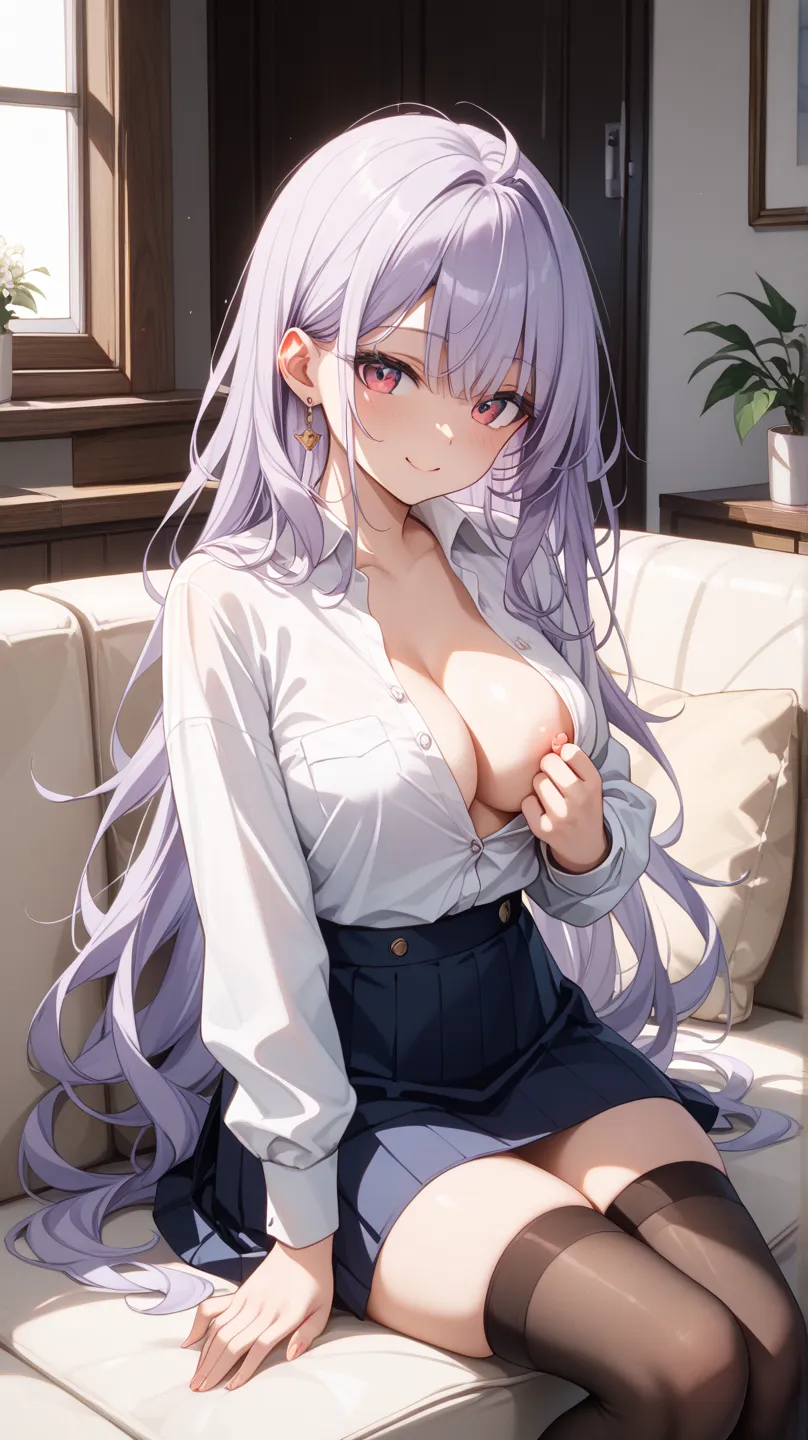 one woman、older sister、Light purple long hair、Long, bundled hair、white shirt、I'm removing the button to show my chest、tight skirt、black stockings、living、glass、have red cheeks、 sink、lure、 sexy、sitting on the couch、 slouching forward、Overlook、 greedy face 、 ...