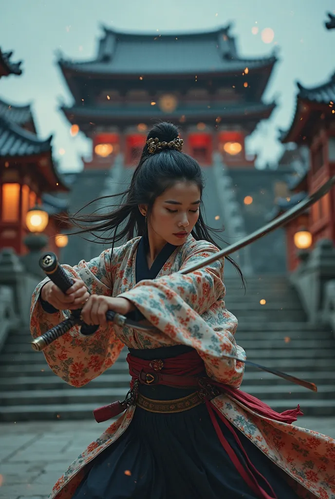 A fierce and elegant female samurai warrior in motion, gracefully swinging her katana. She wears a beautifully detailed kimono with intricate floral patterns, tied with a warrior’s obi. Her long, dark hair is adorned with ornamental hairpins, flowing with ...