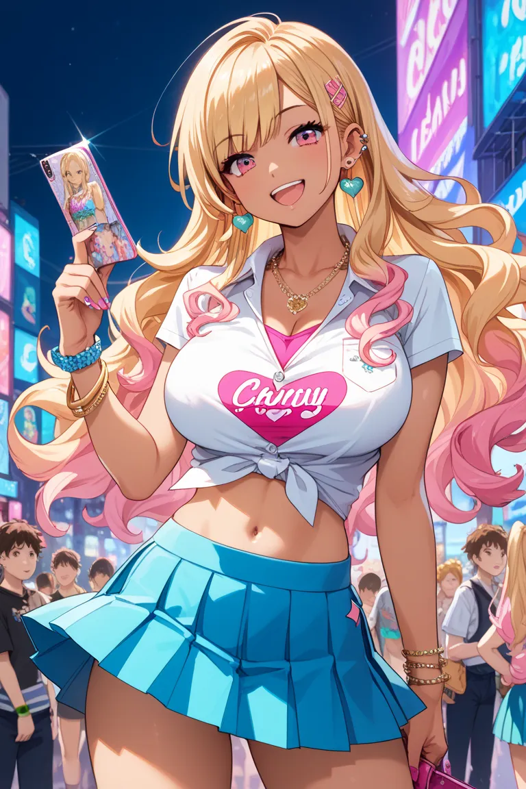 KJOmarin, blond hair, long hair, pink eyes, earrings,  ear piercing, colorful hair,  score_9,  score_8_up ,  score_7_up ,  source_anime, masterpiece,best quality, Big Breasts, color shirt, shirt with tie, pleated skirt, Flashy correction, happy, Flashy,Too...