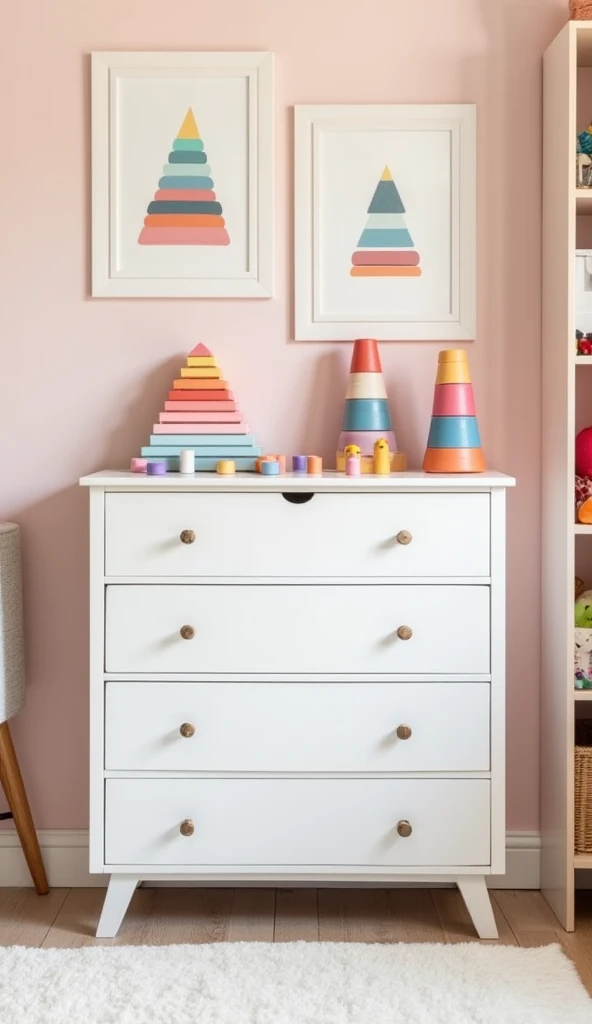 A small  stands holding a white dresser with six drawers. On the chest of drawers are ren's toys: a multicolored pyramid and a set of colored cups stacked in the form of a tower. On the wall hang two pictures of pyramids. The room has light pink walls and ...