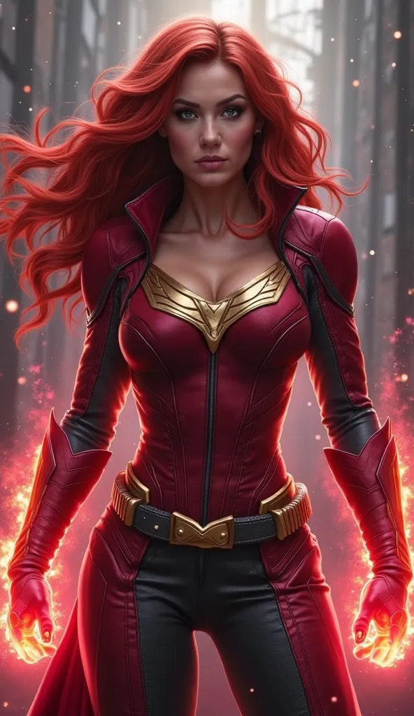 4k, 8k, high quality, detailed, realistic, photorealistic, empowering illustration, confident plus-size superhero, Wanda Maximoff, Scarlet Witch, bold Marvel-inspired costume, flowing red hair, determined expression, powerful energy emanating, detailed mus...