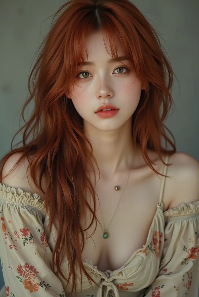  Woman,  21 years old,  Brazilian, copper red hair, green eyes,  small scar on the left eyebrow ,  Freckles scattered across the face , loose blouses with a vintage touch, boots