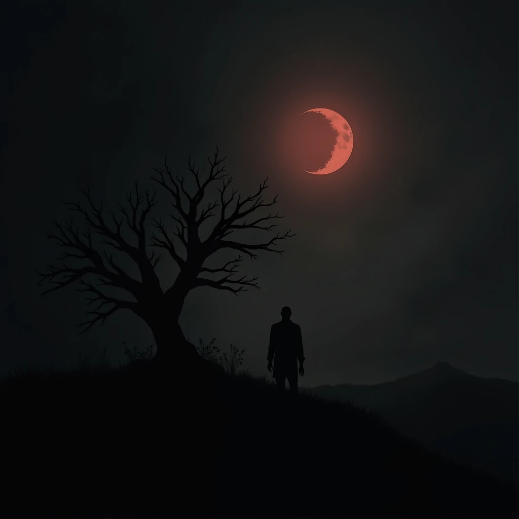 Create a minimalist and impactful image for a horror story channel.  Use dark colors such as black , gray and shades of red. Include elements such as a dark crescent Moon, a silhouette of a twisted tree, and a thick haze to the background. Add a mysterious...