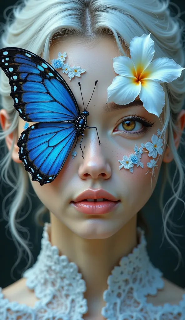 Close up photo of feminine asian woman face, half face is a painted in blue butterfly with blue hair, half face is paint in white frangipani flowers with white hair.