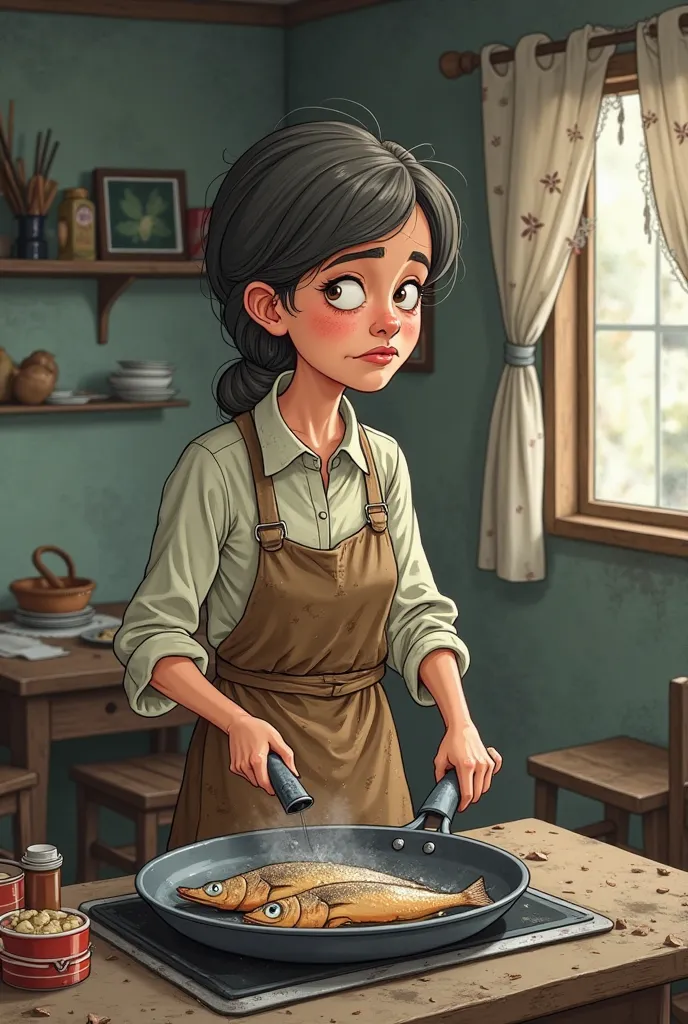 Generate a poor cartoon mom cooking fish