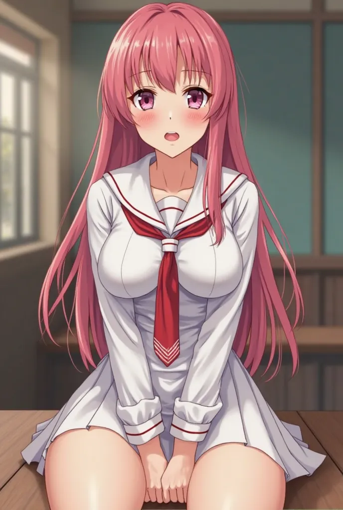 A Brunette Girl With Pink Hair And Bigger Breasts, Sitting on the front and thighs horrible in Japanese school uniform and that it is a white skirt and blouse legs apart let your panties be looked at under your skirt 