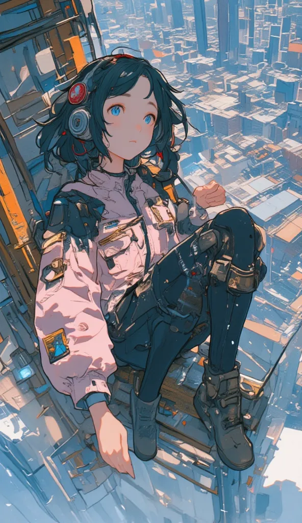 Top Quality,       masterpiece,   very accurate,   Hi-Res,    beautiful 8K computer graphic art,  perfect anatomy,  perfect configuration,    blue eyes，         black hair，       headphones  ，with a red ribbon on his head，wingsuit， Flight Jacket ，pale pink...