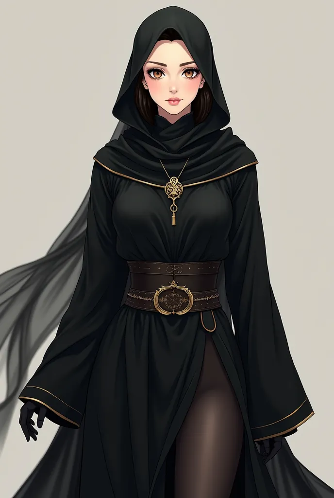 An anime-style depiction of a stunning woman with fair skin and a flawless figure showcases her elegantly enveloped in a flowing black niqab that delicately conceals her face. She pairs it with a long, black warrior velvet abaya, intricately designed to re...