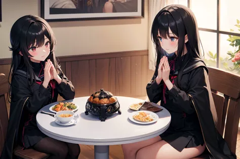 High image quality, high resolution, smooth gradation, vivid colors, a black cloak, a black student uniform, black stockings, black lace-up shoes, black hair, a high school girl, Two girls sit next to each other at the dining table, hands together in joyfu...