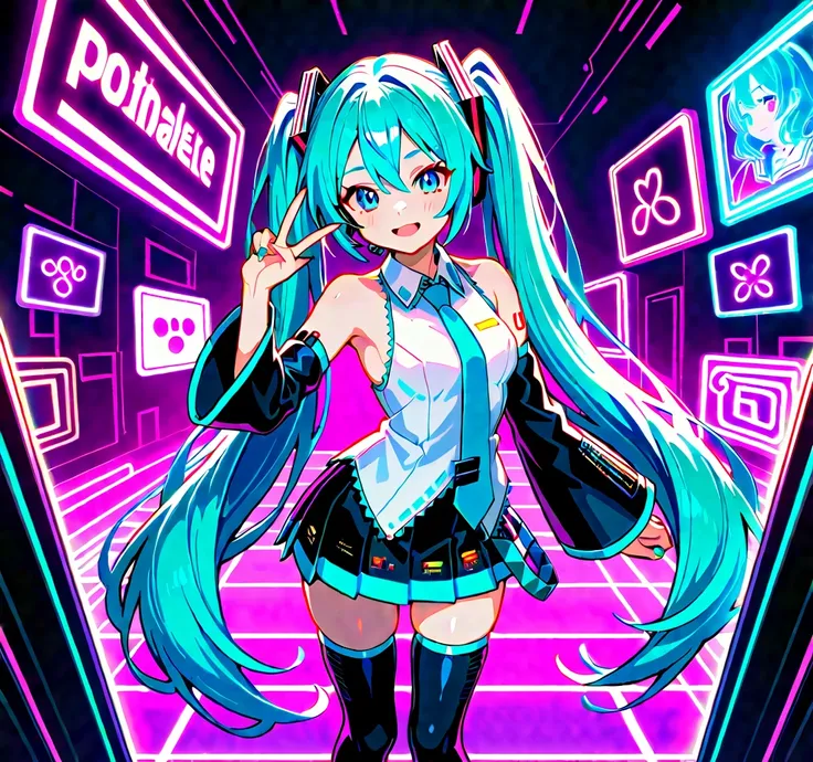 A vibrant and dynamic promotional image for a "Photo with Hatsune Miku" event, designed to be eye-catching and easy to understand. The scene shows Hatsune Miku happily posing for a photo with a group of excited fans in a colorful, neon-lit setting. She is ...