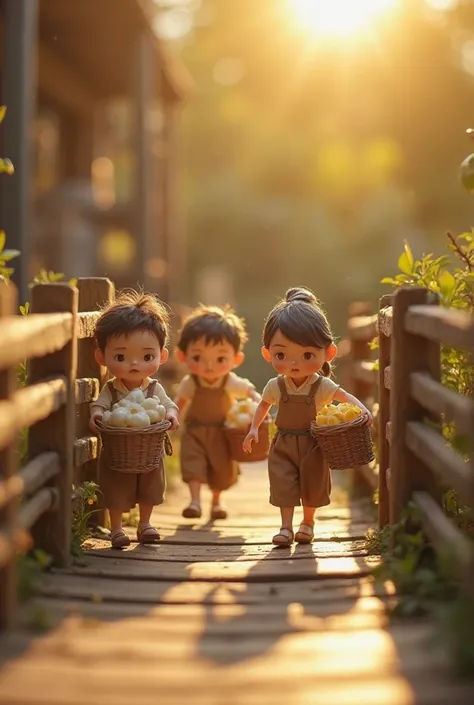 Tiny Figures holding small baskets filled with cream liquid are shown walking on a small wooden bridge towards the factory gate.
 The movement appears slowly and harmoniously, with gentle expressions on the faces of the characters.
 Sunlight effects can be...