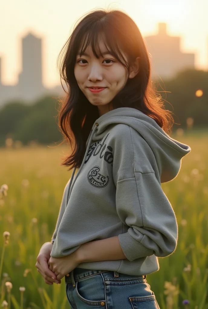 young beautiful woman, denim pants, hoodie, looking at me, smiling, black hair, embarrassed, high quality, detailed portrait, realistic, photorealistic, cinematic lighting, dynamic pose, intricate facial features, delicate skin texture, warm color palette,...