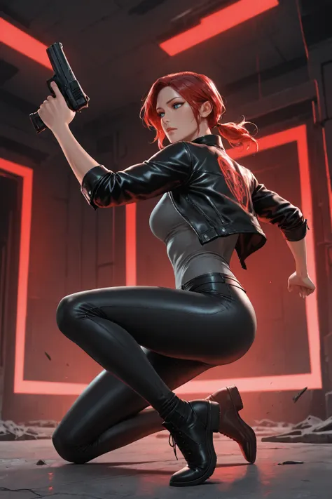 Photorealistic, photography, 1girl, solo, Controljess1, slim and toned, red hair, sapphire blue eyes, low ponytail, short ponytail, black leather jacket, tight grey shirt, tight black pants, holding matte black pistol, levitating, (floating off the ground:...