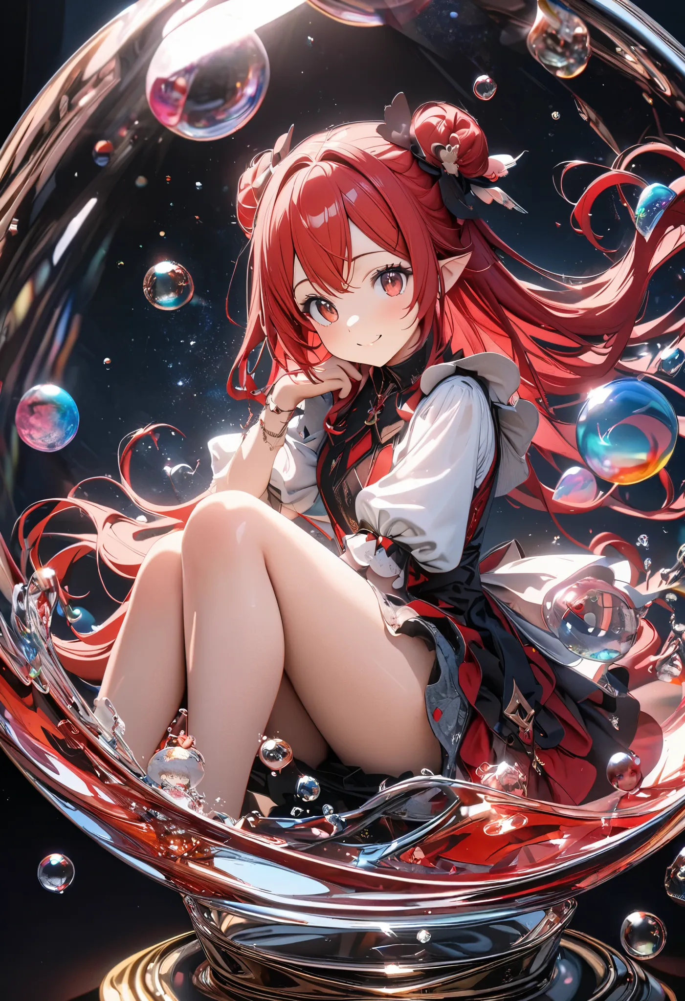 very well detailed, 8k, Glass, Water in a Glass, Beautiful Glass ball in a Glass, bubble, , Nice,      bright　 red hair.cute knee-length smile.Space of Illusions.Other Illusions. Red Eyes. cute fairy