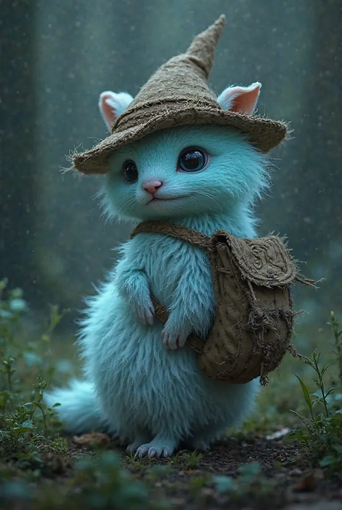 a living creature with a hat on its head, fur like an animal, a natural bag on its back, glowing at night