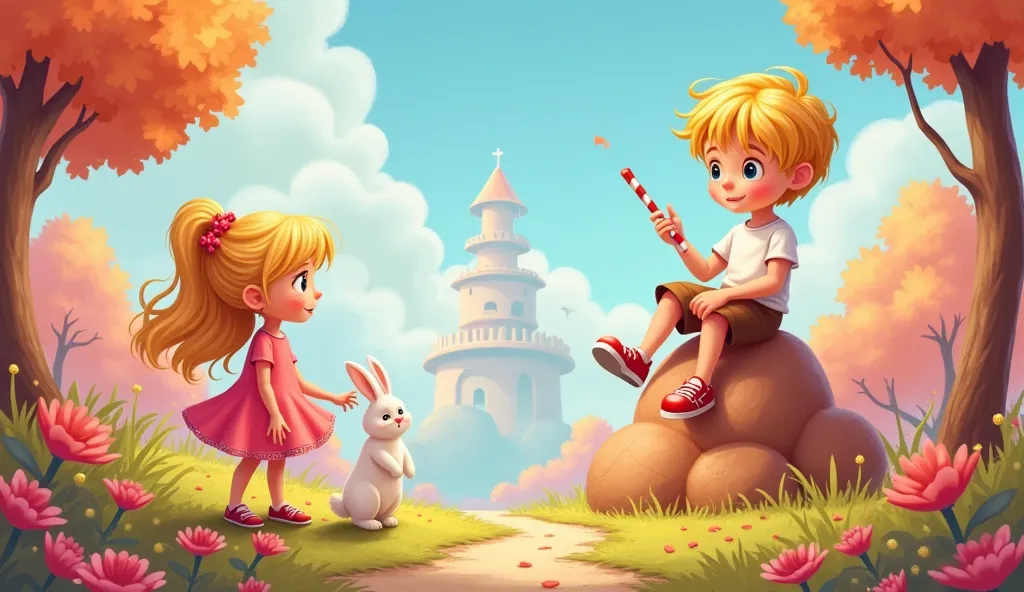 Create a colorful and good-looking candy forest, A  girl in a pink dress with loose blond hair and a white rabbit. A blond boy of the same age dressed in brown shorts and white t-shirt with red sneakers sitting on a very large marzipan tower with a candy s...