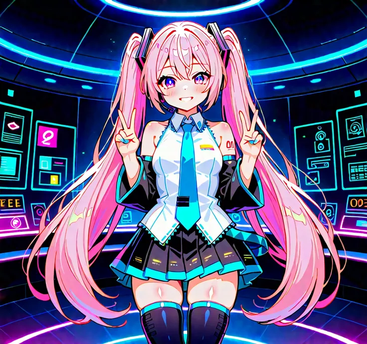 A vibrant and dynamic promotional image for a "Photo with Hatsune Miku" event, designed to be eye-catching and easy to understand. The scene shows Hatsune Miku happily posing for a photo with a group of excited fans in a colorful, neon-lit setting. She is ...