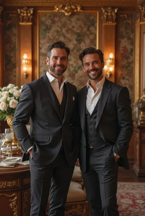 Two men in luxurious clothes stand happily in a luxurious house.