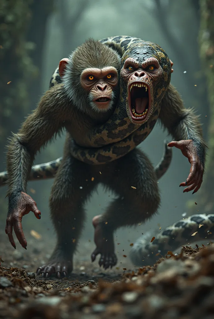 monkey and snake running away and screaming in pain create a portrait image in full hd