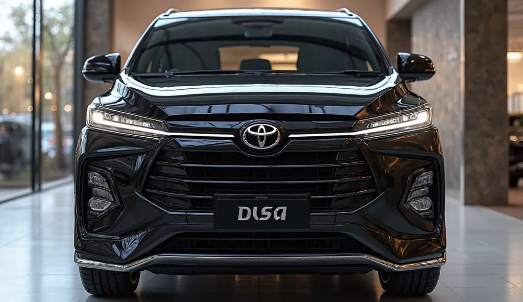 Create a 3d rendering (Toyota Innova crysta) review car design 2025  (Toyota Innova crysta ) “(black) colour with a “( front  ) ” logo on safed. “( front )  on its  safed end look. and Headlights“in pure glossy black with ultra detailed glossy shining imag...