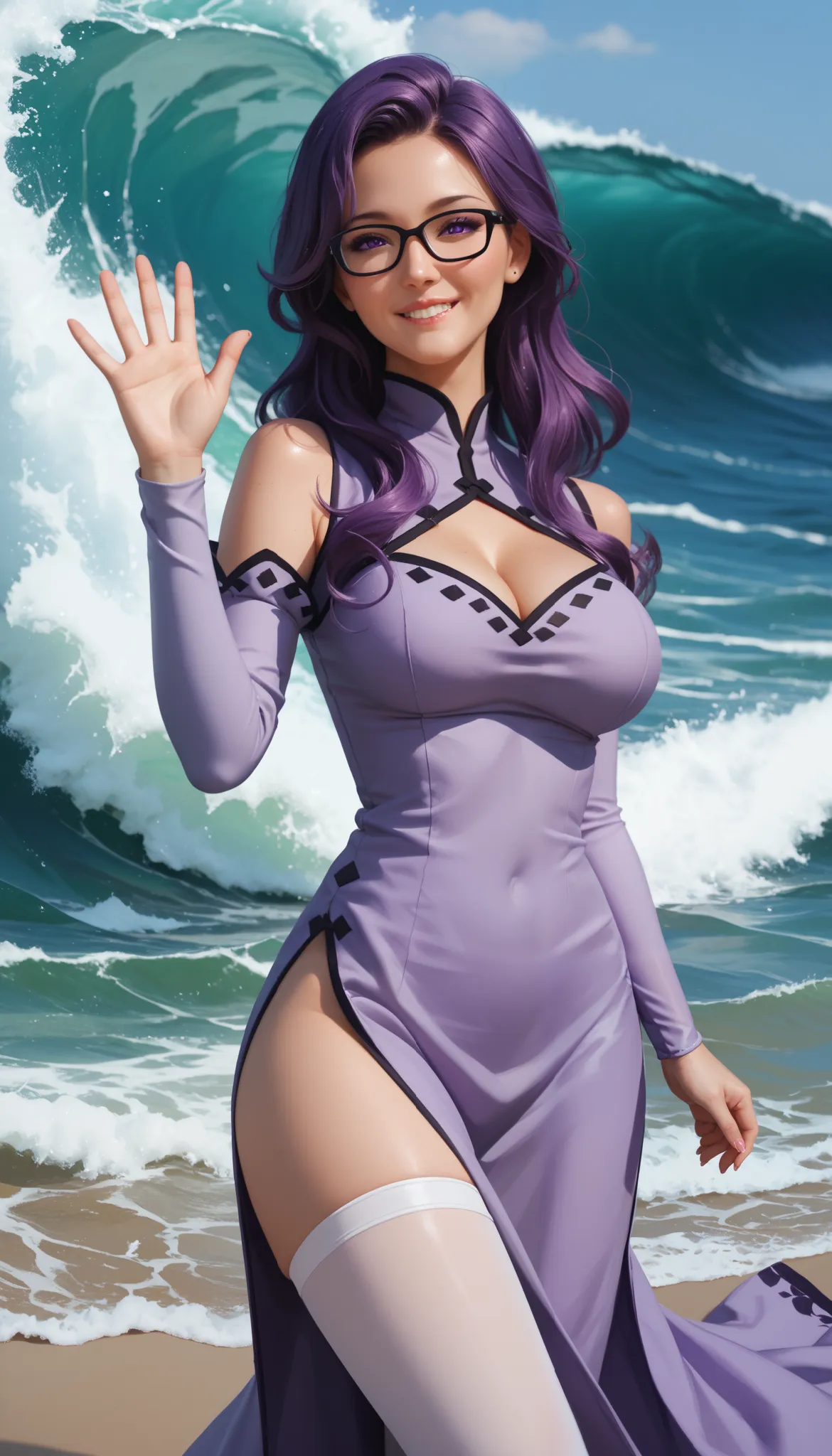 agksheele glasses, purple dress, china dress, cleavage cutout, side slit, detached sleeves, white thighhighs, bare shoulders, sexy, mature, 18 years old, sexy pose,  beautiful background, one hand up wave, waving hand, biting her lip