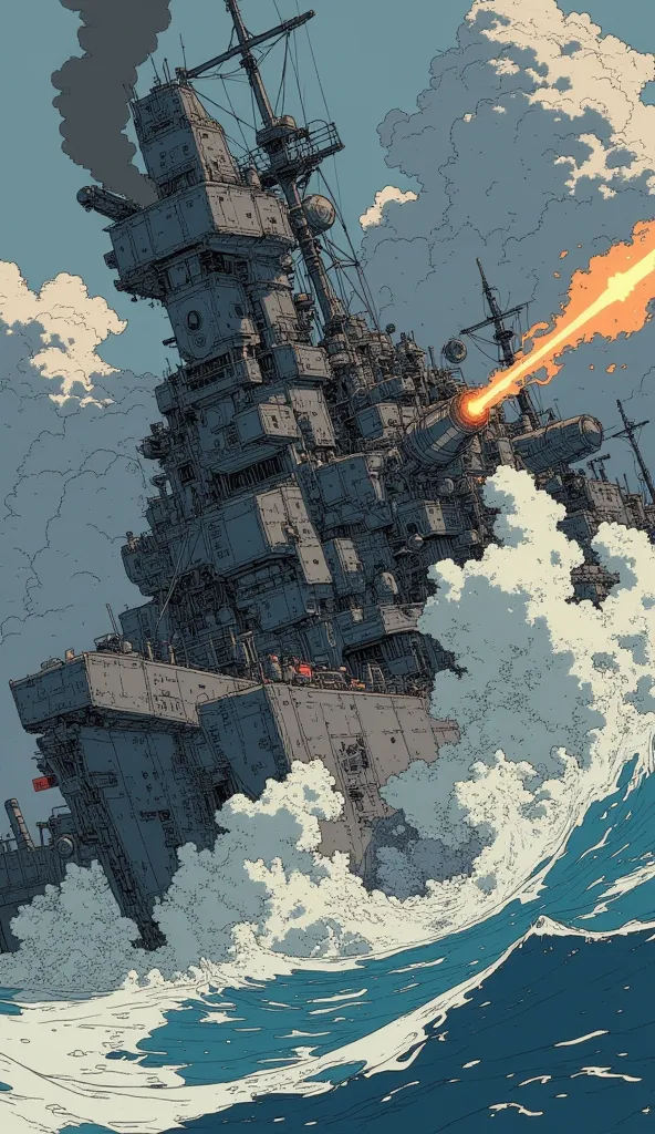 a close up of a large Battleship with a light beam coming out of it, Yamato, realistic warship design, in , Destroyed ship,  Ghibli Mebius , Konpeki no Kantai , , warship, Dreadnought, Last Exile Anime , yellow wind,  spaceship sinks on Titan , Battleship,...