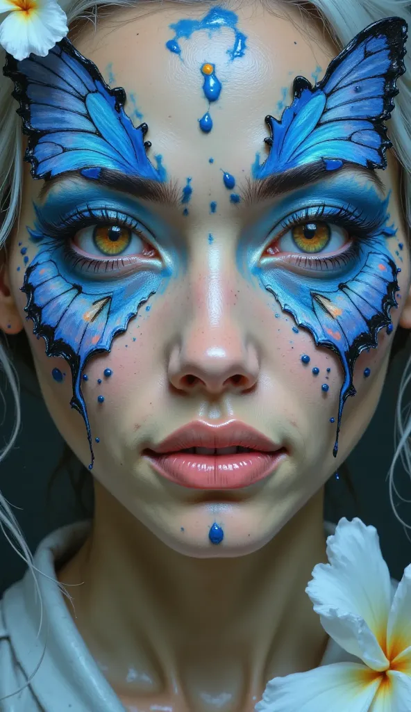 Close up photo of feminine asian woman face, half face is a painted in blue butterfly with blue hair, half face is paint in white frangipani flowers with white hair.