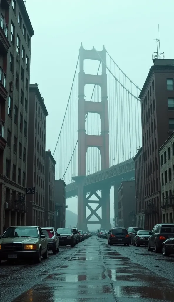 This picture depicts an abandoned and dreary urban scene.. It shows the Golden Gate Bridge destroyed and abandoned, seriously damaged, and destroyed cars . And a sinking ship is overcast, which enhances the gloomy and frightening atmosphere. The picture cr...