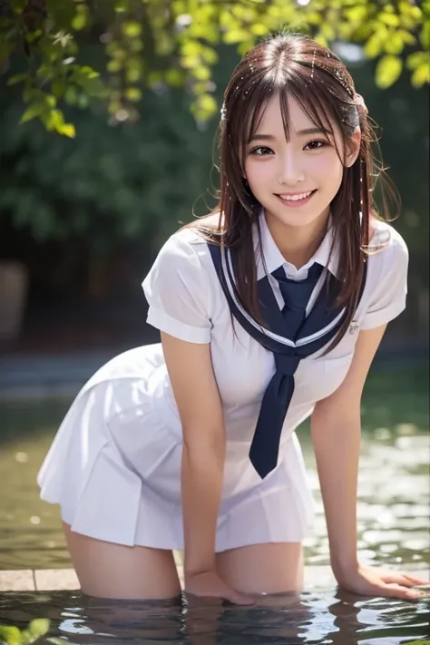 (8k), ( top quality : 1.2), ( realistic), ( Photorealistic : 1.37),  Ultra Fine,  1 girl,  cute, smile,   closed mouth ,  beautiful detail, Beautiful Nose,  full body,  wet hair, Giant Dalcefo, pork,  school uniform,  thighs  