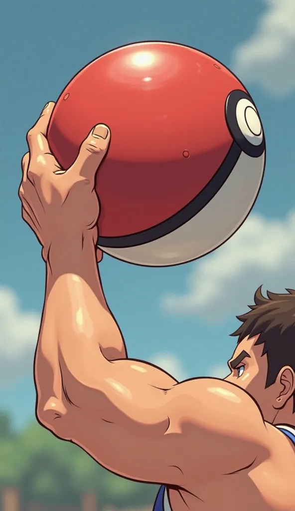 "A cartoon-style arm is shown in a tense, forceful motion, gripping a classic red-and-white PokéBall tightly. The fingers press deeply into the smooth surface, knuckles slightly tensed, showing the immense strength applied. The wrist twists sharply as the ...