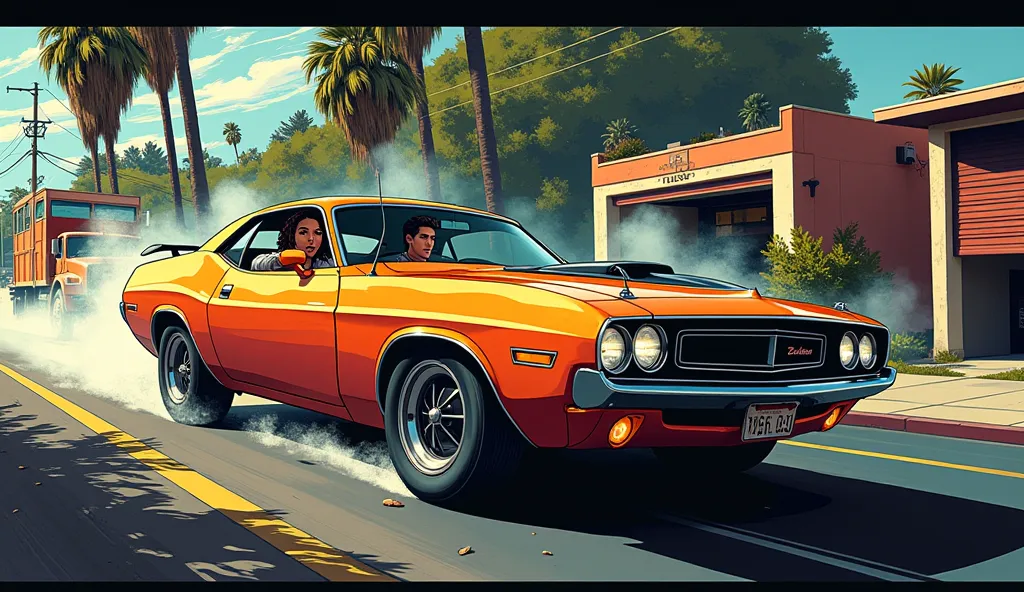 Create a dynamic comic book page set in East Los Angeles, featuring a high-energy street scene with a muscle car speeding through the city. The artwork should include a detailed and expressive car interior shot of two young, stylish characters enjoying ice...