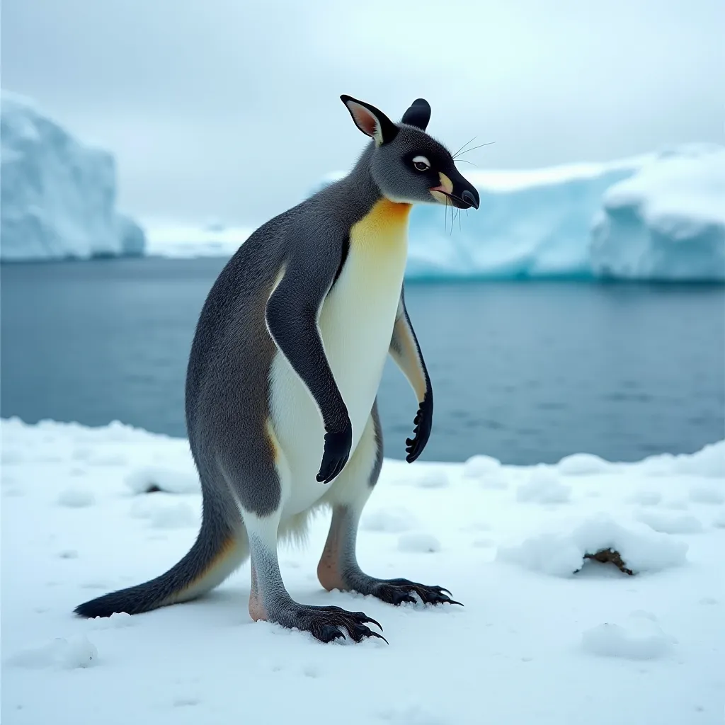 "Design a weird but realistic hybrid that merges the strong legs of a kangaroo with the streamlined, water-resistant body of a penguin. The creature should have a thick layer of fur to keep warm, small wings that act as flippers, and strong hind legs for p...