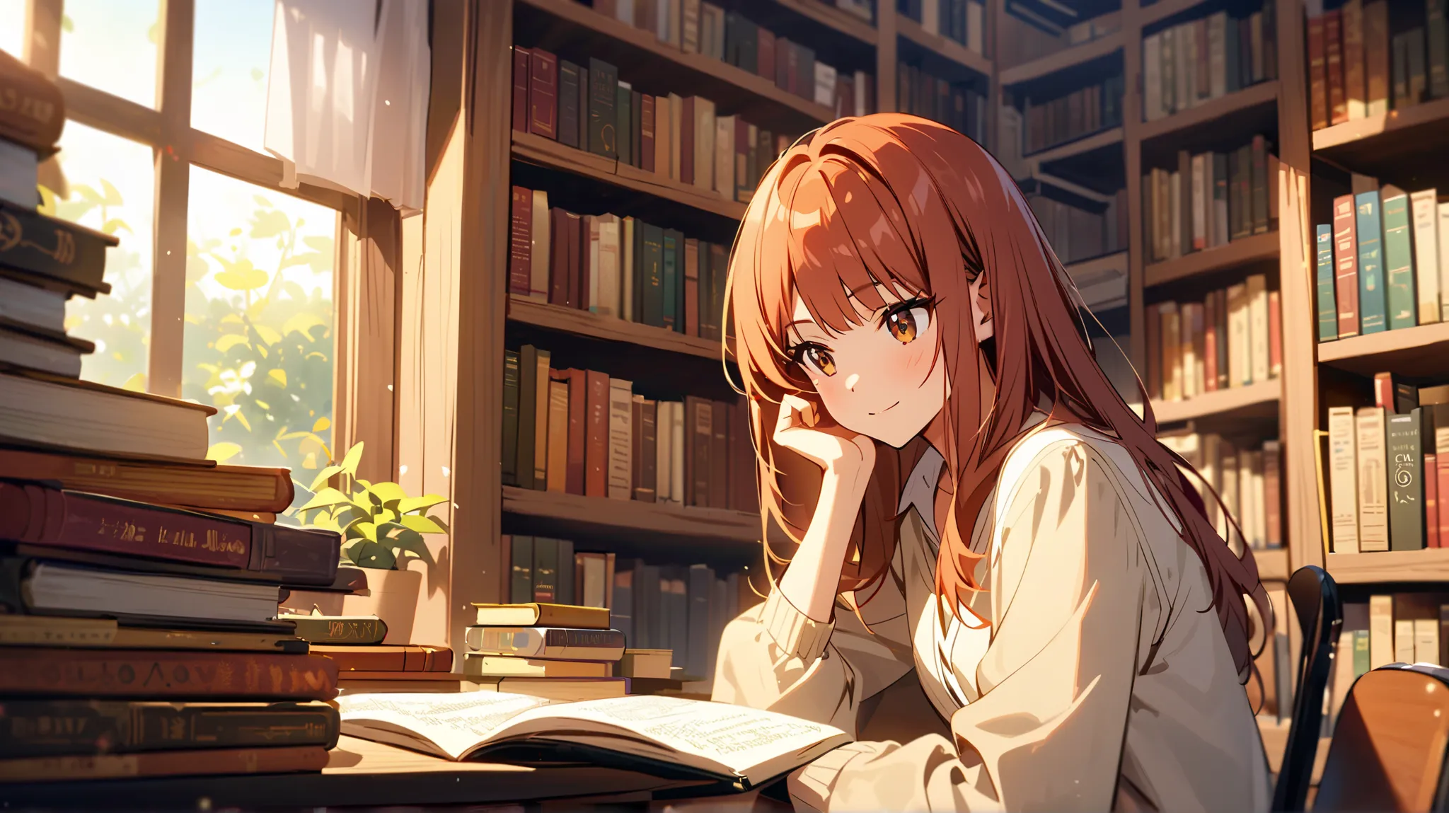  A writer sits beside a desk,  behind a bookcase with encyclopedias and books.  She has short straight hair, Red-haired hair,  light brown skin,  brown eyes, She is thin and smiles  