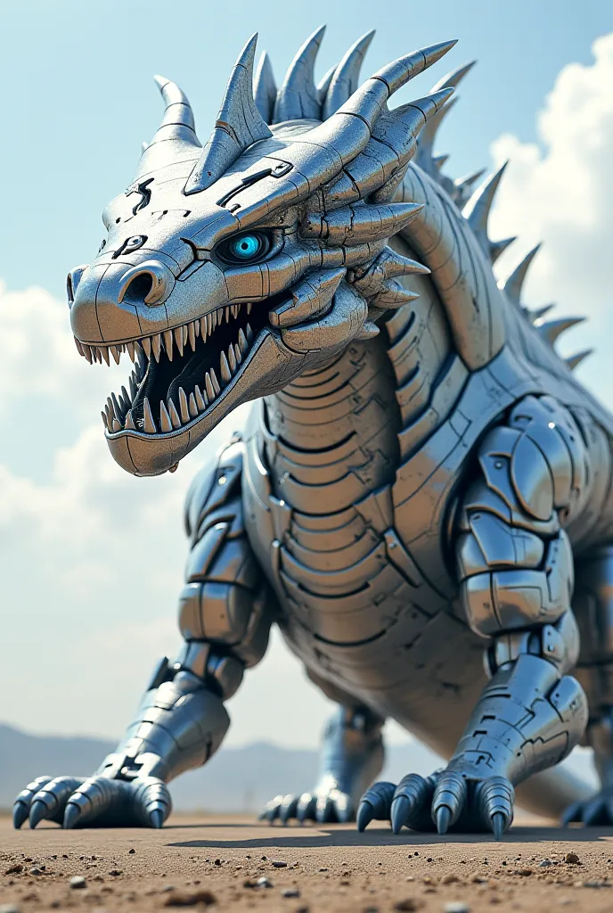 I want the image of a cybernetic dragon with a completely metallic and shiny body, with blue eyes and serrated teeth and with a shiny silver body showing its whole body and it's a giant dragon.