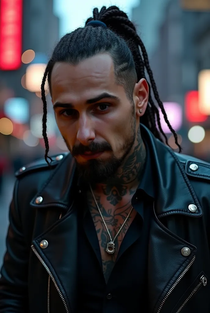 A highly detailed, ultra-realistic portrait of a 30-year-old man with a rugged biker aesthetic. He has an undercut hairstyle with long, thick dreadlocks tied into a high ponytail. His facial features are strong and chiseled, with a defined jawline, a hint ...