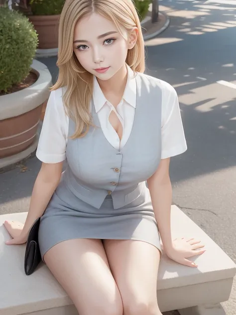 masterpiece, anatomically correct, Hi-Res, Ultra High Definition。A beautiful girl is shown。Short and baby-faced。with big breasts and beautiful legs。Has blond hair。wearing a business suit。office uniform,office vest,office,micro mini skirt。pantyhose、wearing ...