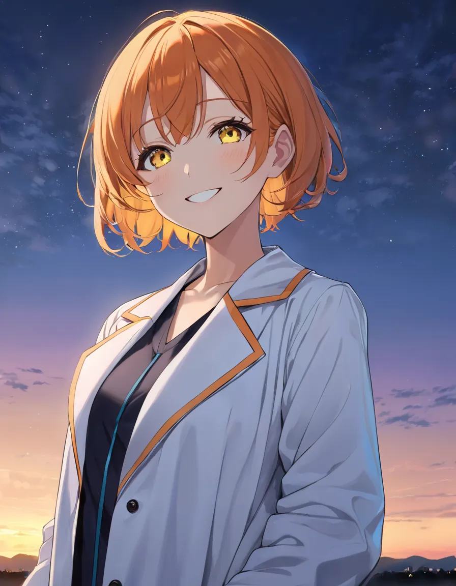   Adult Female,  short orange hair and neon yellow eyes 、 face up 、 Pure smile、Doctor&#39;s coat、Pre-dawn sky