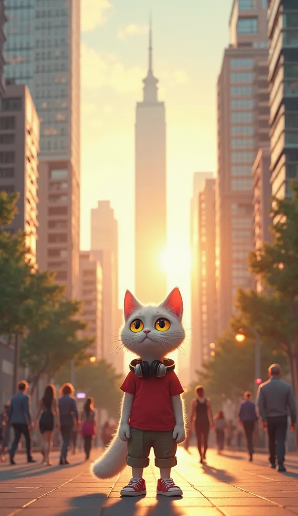 Scene 1: Tranquil City Morning
Prompt:

"At sunrise, a sprawling modern skyline glistens under soft golden light. In the foreground stands a male anthropomorphic cat of small-to-mid age, with white colored fur and large golden eyes, wearing a casual red T-...