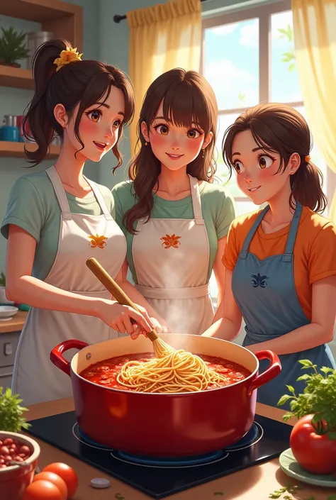 3 Girls Cooking Spaghetti Pot