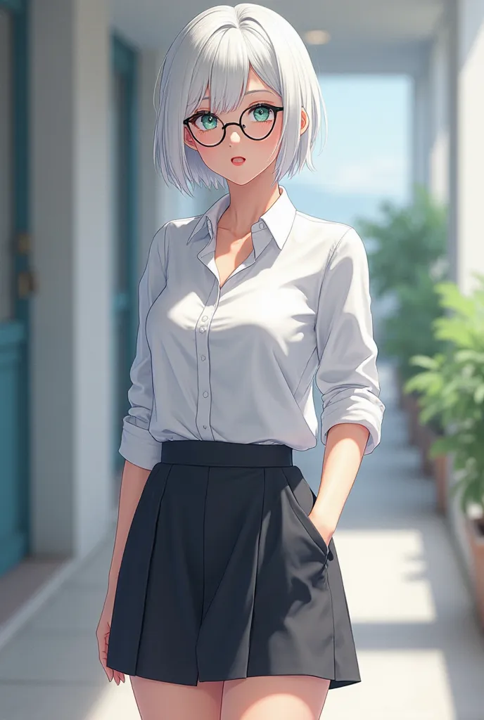 White hair, medical glasses, short skirt, white shirt, school, top quality, 