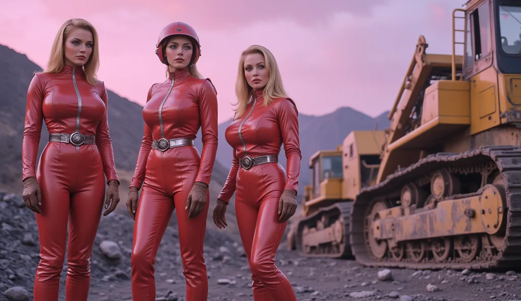 A group of three stunning retro-futuristic female workers stands together at a massive mining site. One leans against a vintage bulldozer, another holds a helmet under her arm, and the third adjusts her gloves. They wear form-fitting jumpsuits with utility...