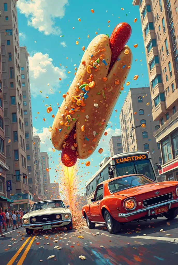 A hot dog flying in the air then a car and a bus crash 