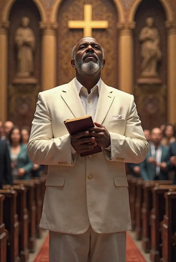 A middle-aged man, about 45-50 years old, tall, imposing and robust figure, wearing a neat white suit. He has dark skin, a face marked by years with severe features, and holds a Bible in his hands. He stands in a richly decorated church, the congregation a...