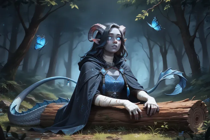 (1 adult Tiefling girl,  dark blue-gray skin :1.7), (35 years old:1.5), (One:1.3), (a curl of medium-length black straight hair covers the left eye:1.5), (from left to right, a cloak hangs along a log and looks up at the butterfly with interest to the righ...