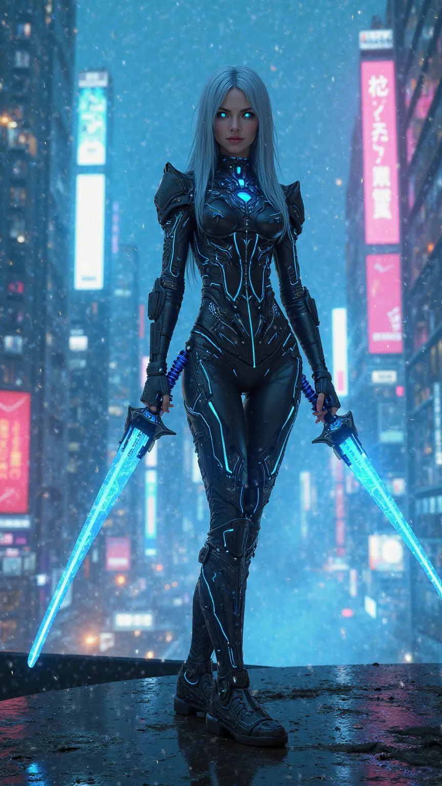 "A highly detailed and futuristic cyberpunk female warrior with long, sleek silver hair, wearing a form-fitting black and neon-blue armored bodysuit with glowing circuit patterns. Her suit accentuates her curves while maintaining a high-tech and stylish ap...