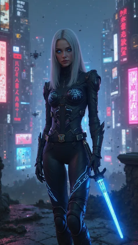 "A highly detailed and futuristic cyberpunk female warrior with long, sleek silver hair, wearing a form-fitting black and neon-blue armored bodysuit with glowing circuit patterns. Her suit accentuates her curves while maintaining a high-tech and stylish ap...