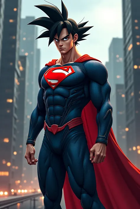 Goku in a DC comics style superhero costume 