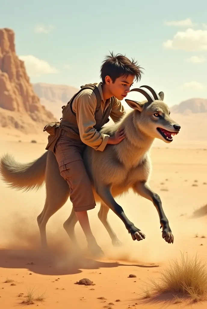 In a desert area, a goat  is running away from a herd of goats after being bitten in the mouth by a wolf, while the shepherd boy is holding the goat  from the wolf's mouth.